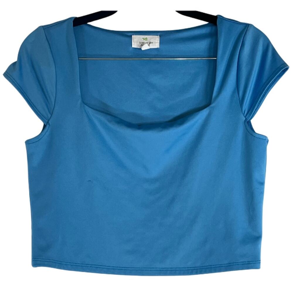 Live In The Moment Blue Cropped Square Neck Short Sleeve Top Size L